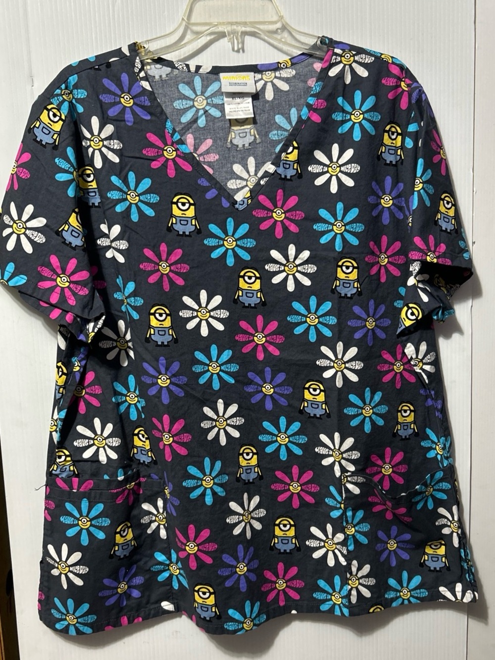 Minions Floral V-Neck Tunic Top - Black with Multicolor Flowers